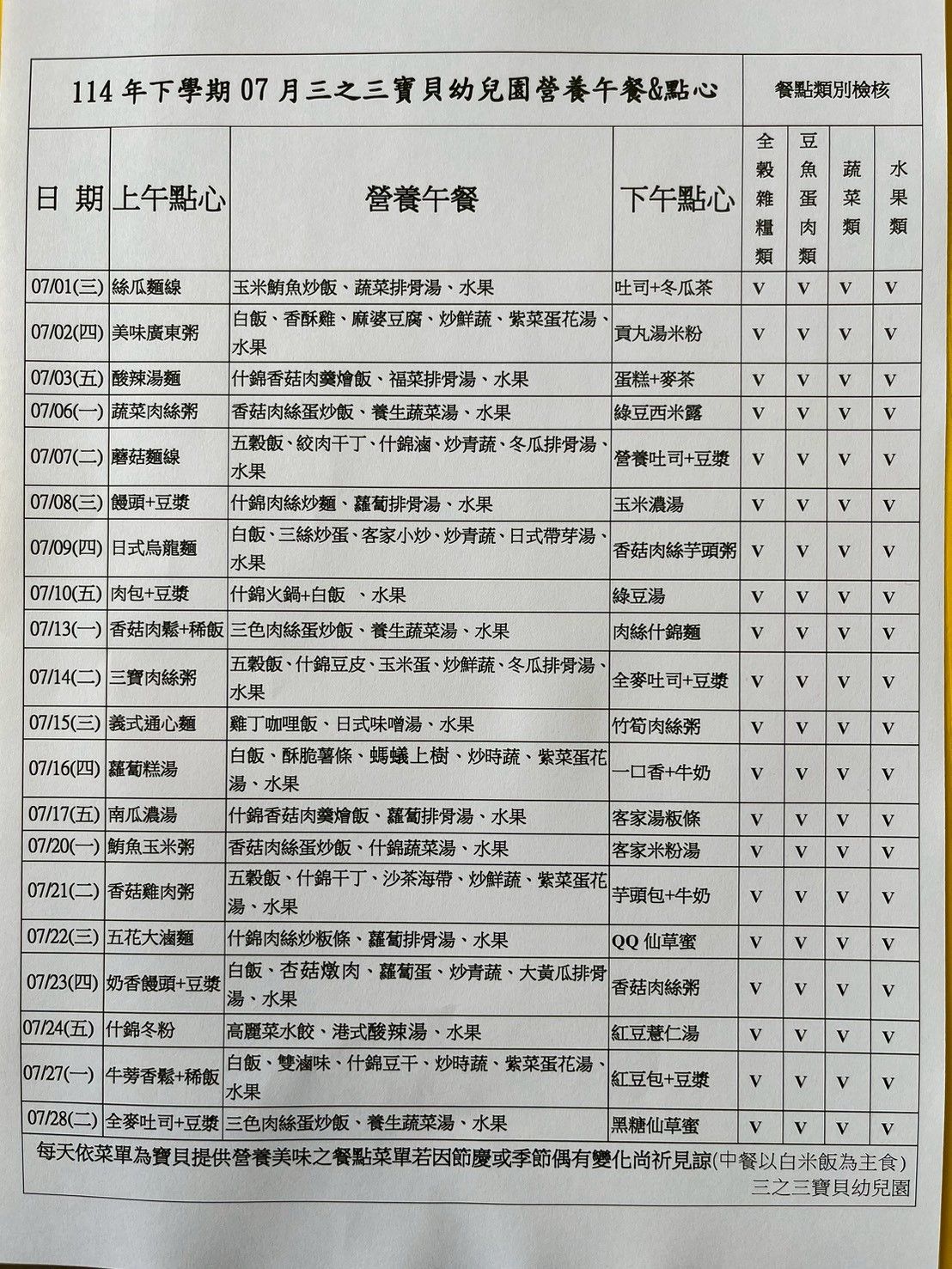 115年7月份餐點表